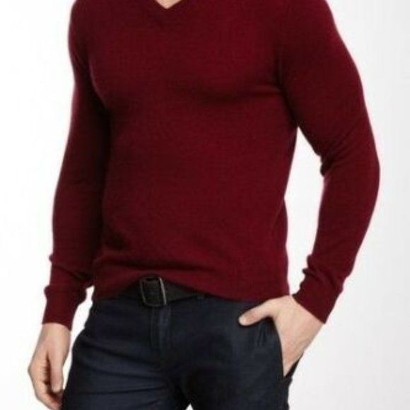 Qi V-Neck, Ribbed 100% Wool Sweater. Size: L. Color: 2 Colors: Red & Brown - Picture 3 of 4